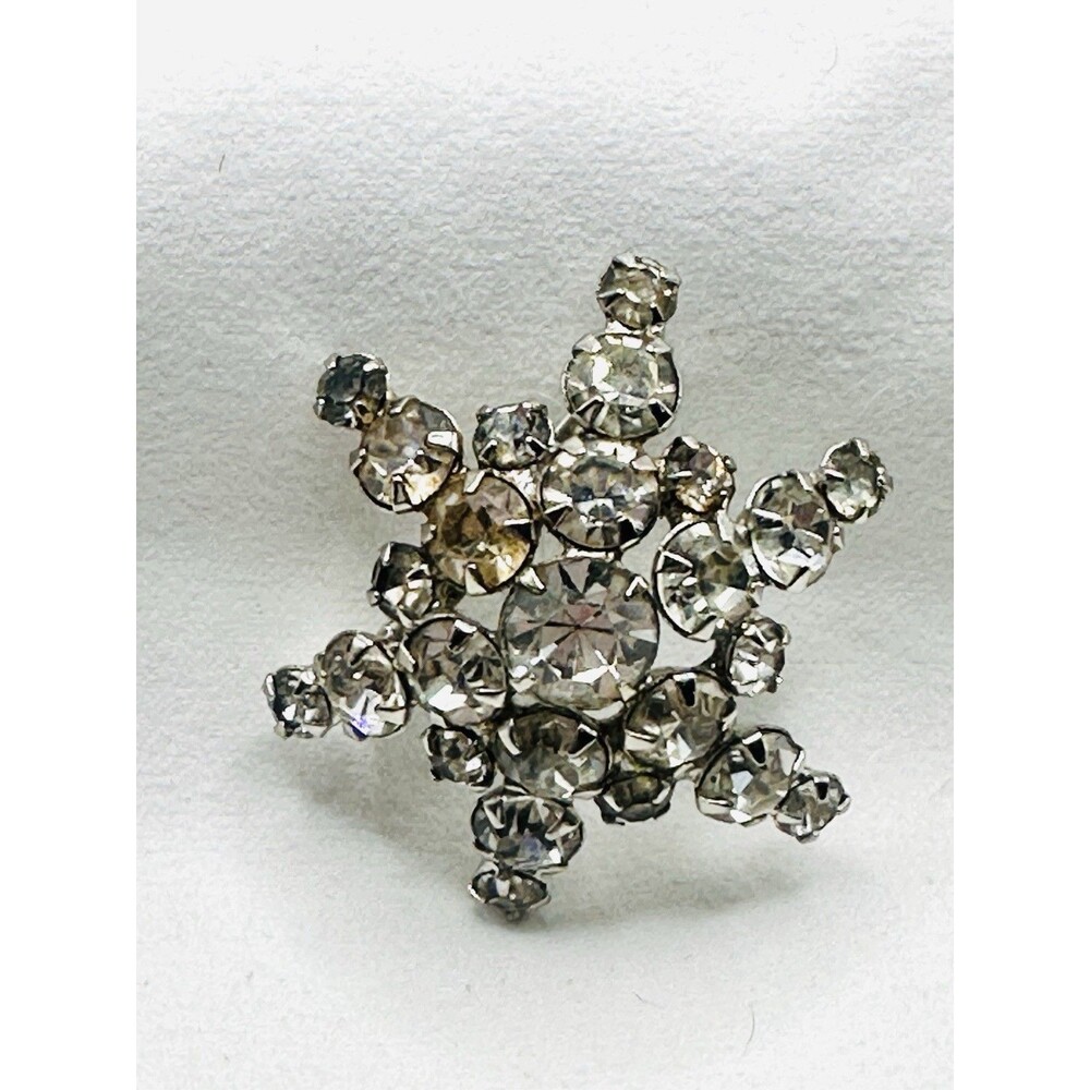 Vintage Rhinestone Snowflake Brooch Silver Tone Starburst Pin Clear Crystal